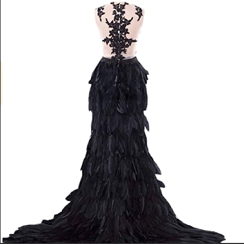 Feather Long Maxi Prom Embellished Gown Dress - Picture 11 of 12
